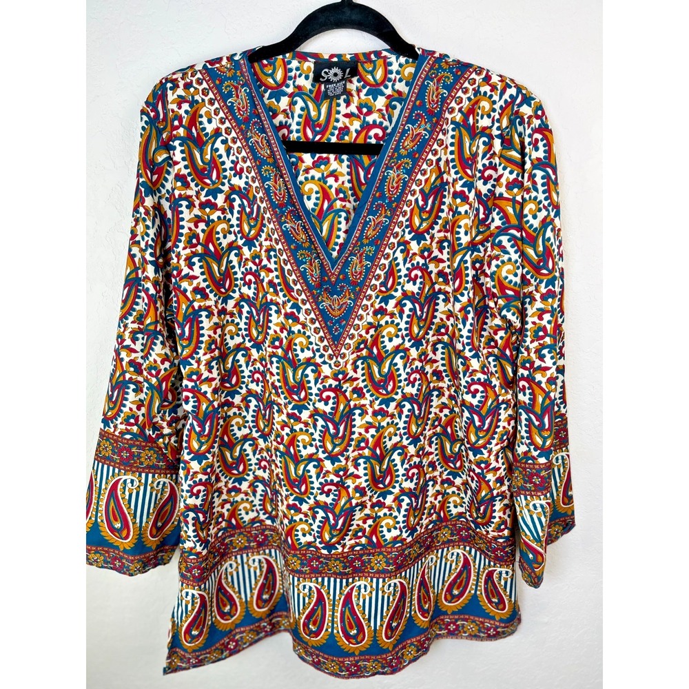 Sol Free Size Boho Rayon Paisley Tunic Top Long Sleeve Ethnic Festival Blouse